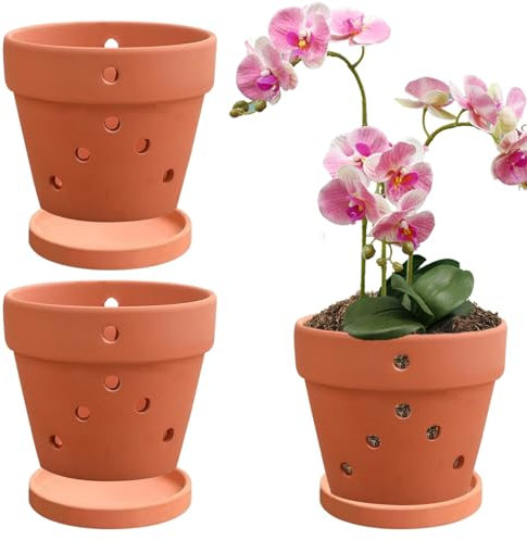 Lot de 3 pots à orchidée en terre cuite de 12,7 cm avec trous de drainage avec soucoupes pour rempoter les pots de fleurs en argile pour plantes d'intérieur et orchidées