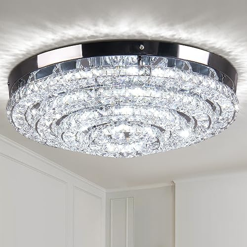 FRIXCHUR 45 cm Runde Kristall LED Deckenleuchte, 6000K Tageslichtweiß | Moderne Edelstahl-Deckenlampe mit Kristalloptik für Wohnzimmer, Schlafzimmer, Küche und Flur; klares kaltweißes LED-Licht