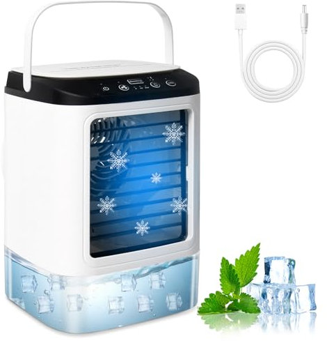 Bwaliffury Condizionatore Portatile, Raffreddatore D'aria Portatile,Mini Climatizzatore 4 in 1, 3 Velocità & 2 Modalità Nebbia,900ML& Luce a 7 Colori, 90° Oscillation, Con Maniglia per Casa e Ufficio