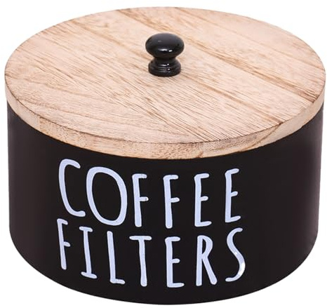 Poo4kark Kaffeefilterhalter Holz, großer Kaffeefilter-Aufbewahrungsspender mit Deckel 50 Filtern, runder Organizer-Behälter, Aufbewahrung für Barzubehör (Black, 16X9cm)
