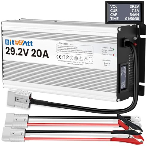 Bitwatt 24V 20A LiFePO4 Ladegerät 29,2V Lithium Batterieladegerät mit LCD Display – Intelligentes Ladegerät für 25,6V LiFePO4 Akkus