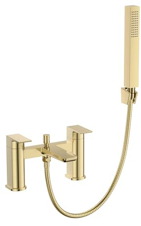 VeeBath Lagoon Soft Square Bath Shower Mixer – Brushed Brass Finish with Square Showerhead, Dual Lever Control, G3/4 BSP Inlet, Deck Mounted Bathroom Taps with Shower