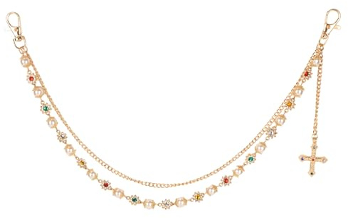Gold Chain for Pants, Fashionable Double Layer Pants Chain Pearl Rhinestones Layered Cross Hip Hop Pocket Belt Accessory Jeans Jewelry keychain Wallet for Men Women