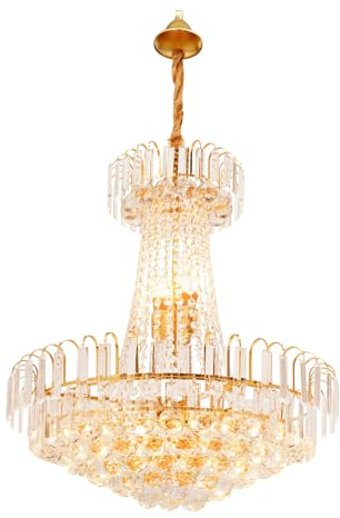 Fyssnn Moderner K9-Kristall Kronleuchter Gold | Höhenverstellbar Kristall Deckenleuchte | Deckenlampe für Wohnzimmer, Schlafzimmer, Esszimmer, Flur (60x70cm)