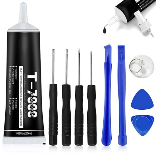 T7000 Super Glue,Phone Screen Glue,Black DisplayGlue,High Performance Waterproof,Multi-Function Adhesive for Phone Jewelry Glass Wood Metal Fabric Crafts (50ml with Tools × 9)