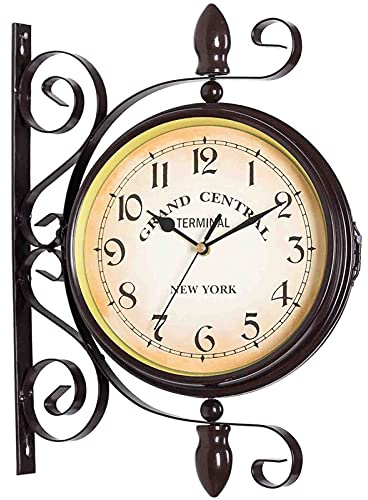 GDHKDDFL Orologio da Parete Creativo Stazione ferroviaria Doppia da Interno ed Esterno in Stile Vintage Anticato, montata in Nero