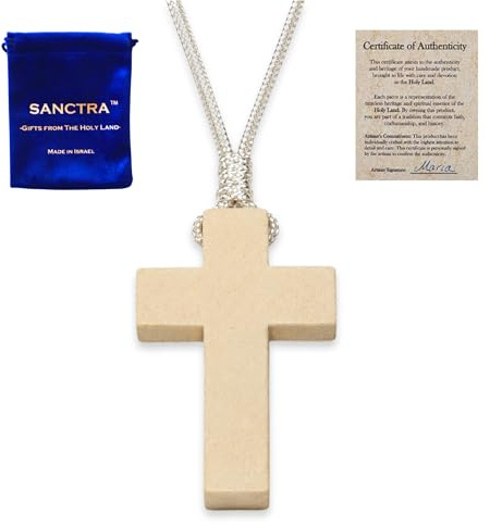 SANCTRA Collier croix en bois pour hommes et femmes, pendentif croix fait main et béni en Terre Sainte, pendentif de foi chrétienne avec pochette cadeau et certificat d'authenticité