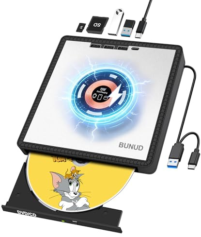 BUNUD Externes DVD Laufwerk für Laptop: CD Laufwerk Extern USB für Windows Mac MacBook iMac PC mit 15W Kabellosem Schnellladen DVD Brenner Laufwerk Extern mit USB/Type C Ports & TF/SD Slots