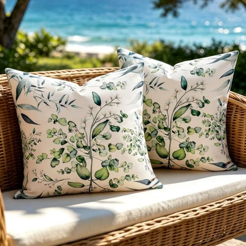Frühling Kissenbezug Grün 50x50 mit Eukalyptus-Muster, 2 Stück Kissenbezüge Outdoor für Deko Wohnzimmer Modern, Groß Decorative Kissenhülle für Sofakissen Dekokissen in Garten Balkon (Blatt Grün C)