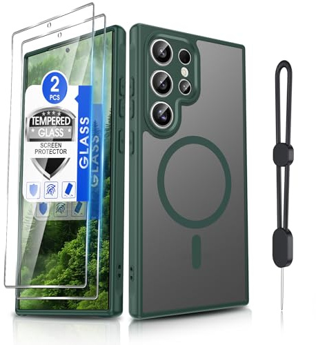 Dizn Magnetic Phone Case for Samsung Galaxy S24 Ultra with 2 Tempered Glass,Fit for MagSafe,Cellphone Lanyard, Matte Translucent Thin Soft, Protection Cell Cover for Samsung Galaxy S 24 Ultra,Green