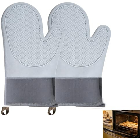 Guantes de Horno Resistentes al Calor, Guantes de Horno con Superficie Antideslizante de Silicona, 2 agarraderas de Silicona, Interior de algod贸n, Guantes de Silicona Gris para la Cocina
