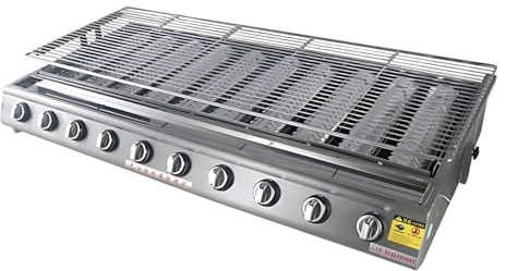 PRECISTECH Heavy Duty Gas Plancha BBQ, 4/8/10 Burner Commercial Grade Tabletop Grill with 304 Stainless Steel Hood, Adjustable Height Stand for Professional Kitchen and Events(10 Burner)