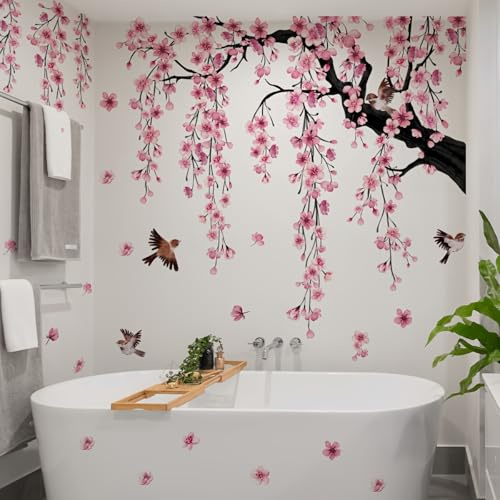 WandSticker4U®- [Grand format] Stickers muraux arbre FLEURS de CERISIER rose XXL (185x135 cm) I Autocollant mural vigne suspendue feuilles aquarelle I Décoration salon chambre adulte enfant geant