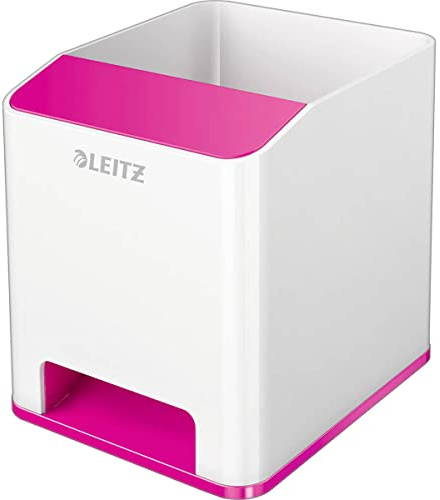 Leitz Sound Stifteköcher mit Soundverstärkungsfunktion, Stiftehalter inkl. Smartphone Fach mit Soundverstärkungsfunktion, Weiß/Pink, Duo Colour, WOW, 53631023