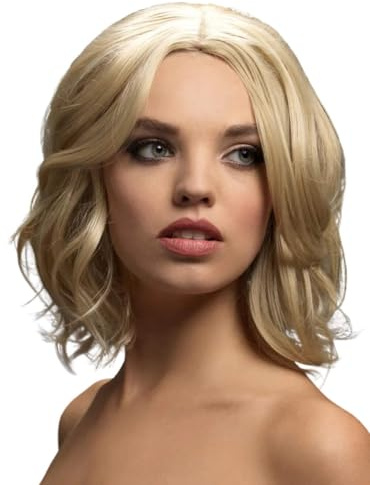 Smiffys Fever Olivia Wig, Dark Blonde Soft Wave Bob, 13inch/ 33cm, Fever Wigs Fancy Dress, Fever Dress Up Wigs
