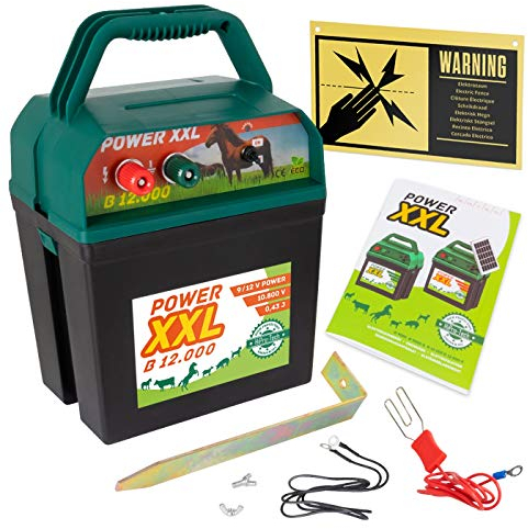 Power XXL B 12.000 Weidezaungerät 9V/12V Komplettset inkl. internationalem Warnschild Elektrozaungerät für Weidezaun Rind Pferd Pony Hund Schaf Katze