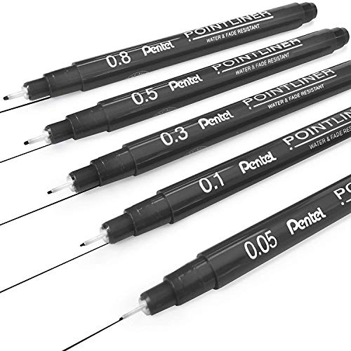 Pentel S20P Pointliner Zeichenstift, für technische Zeichnungen, schwarze Tinte, 5 Stück
