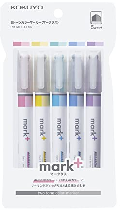 KOKUYO Mark+ Two Colors Highlighter of Similar Shades, 5-Pack of Pink, Blue, Green, Purple, and Yellow, Japan Import (PM-MT100-5S)
