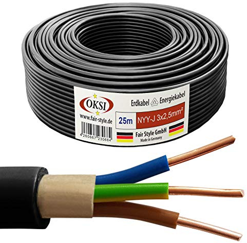 OKSI 25m NYY-J 3x2,5 mm² Erdkabel Elektrokabel Beton und Freien Kupfer Made in Germany