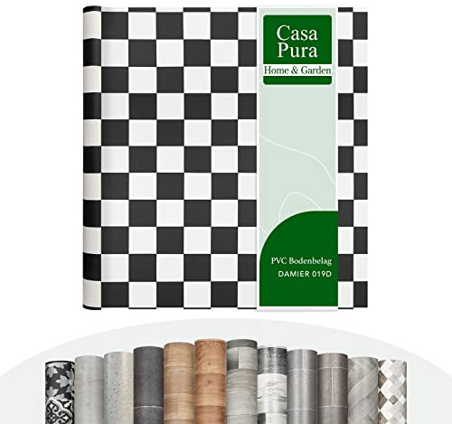 casa pura CV Bodenbelag Atlantic Damier - extra abriebfester PVC Bodenbelag (geschäumt) - Damier schwarz-weiß - edle Fliesenoptik - Oberfläche strukturiert - Meterware (200x350 cm)
