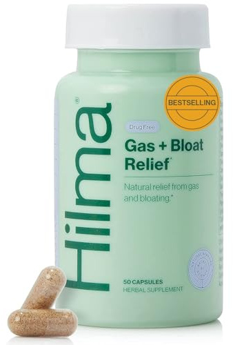 Hilma Natural Gas and Bloating Relief for Women, Doctor Formulated with Organic Ingredients, Lemon Balm, Fennel and Peppermint Leaf, 50 Vegan Capsules