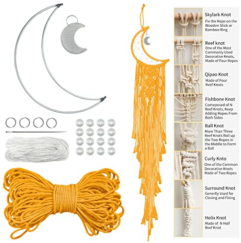 LEREATI DIY Makramee Set für Anfänger, Mond Traumfänger Bastelset Erwachsene, Wandbehänge Dekoration Ornament Makramee Zubehör Set Enthält Makramee Garn 3mm, Metall Ringe, Perlen (Golden)