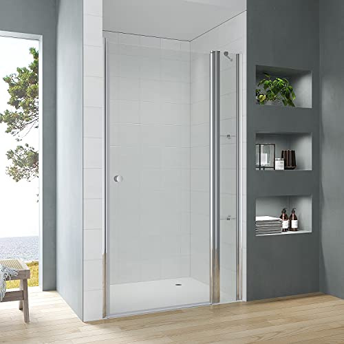 Duschtür Glas 90cm Verstellbereich 89-93 cm Drehtür Schwingtür an Festteil für Nische mit Duschablage, Chromoptik, Innen- und Außenöffnung, Hebe-Senk-Funktion, 5 mm ESG Echtglas klar, Höhe 187 cm