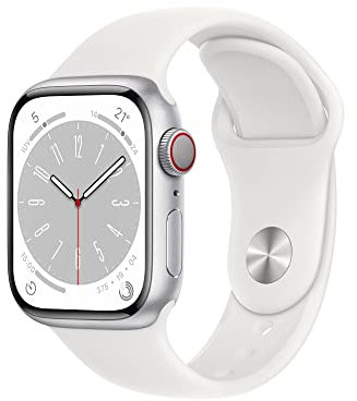Apple Watch Series 8 (GPS + Cellular, 41mm) Smartwatch con cassa in alluminio color argento con Cinturino Sport bianco - Regular. Fitness tracker, app Livelli O₂, resistente all’acqua