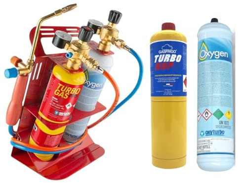 GASFRIGO - Kit cannello saldatura Oxyturbo Turbo set 200 + 1 bombola ossigeno usa e getta 930 ml. 110 bar + 1 bombola turbo mapp (map pro) usa e getta 400 gr. attacco CGA600