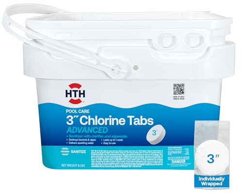 HTH 42053W Pool Care 3 Chlorine Tabs Advanced, Individually Wrapped Tablets - Swimming Pool Sanitizer with Clarifier & Algaecide, Destroys Bacteria & Algae, Delivers Clear Water All Season, 8 lbs