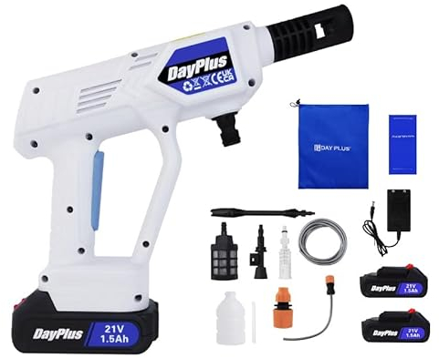 Machine à Laver électrique sans Fil Jet Cleaner 21v 12bar Nettoyeur Haute Pression avec buse Tuyau 5m pour Le Lavage de Voiture et Le Nettoyage de clôture de Jardin,Batterie 2x1.5Ah