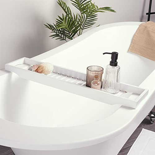 OHS Bath Trays for Across The Bath, Home Spa Bath Caddy Bamboo Bath Tray Wooden Bath Table Organiser Candles Wine Glass Books Shelf Over Bath for Accessories, White