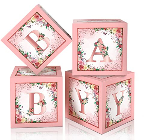Floral Baby Shower Box Birthday Party Decoration Pink Balloon Blocks First Birthday Centerpiece Decor for Girls Rose Gold Gender Reveal Party Supplies…