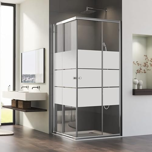 Eckeinstieg Schiebetür Duschkabine 80x80cm Doppel Schiebetüren Duschabtrennung, Gestreift Glas Schiebetüren Dusche mit 6mm ESG Sicherheitsglas, Duschwand Duschtür Höhe: 185cm