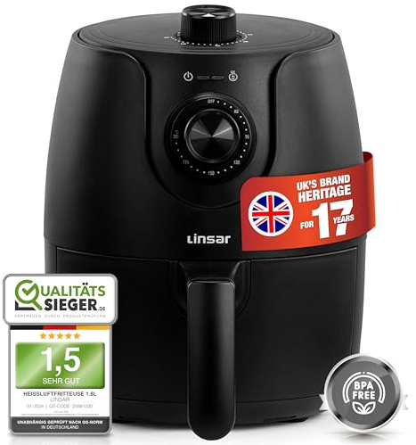 Linsar Freidora de aire caliente de 1,8 L, temporizador, temperatura seleccionable, mantener caliente, mini, sin aceite, ahorro de energía y más rápido que los hornos convencionales, 1200 W