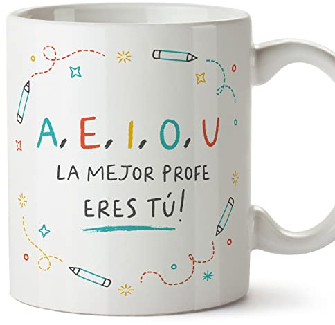 MUGFFINS Tazas para PROFESORA mujer - En Español - AEIOU mejor profe - 11 oz / 330 ml - Regalo original y divertido