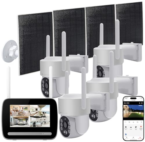 VisorTech Überwachungssystem Funk: Funk-Überwachungs-Set: Monitor-Rekorder mit 4X 2K-PT-Solar-Kamera, App (Überwachungskamera mit Monitor, WLAN Überwachungskamera Solar, PC)