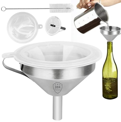 usefulbeauty Juego de embudo de acero inoxidable, embudo de acero inoxidable con colador, 4 embudos de aceite de cocina para utensilios de cocina, Con embudo de aceite con mango, cepillo de limpieza y