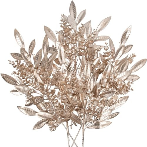 5er-Set 50 cm Kunstzweig Weihnachten Deko mit Beeren Kunstzweig Weihnachtsdeko Weihnachtsblätter Zweig Magnolienblätter Dekozweig Künstlicher Beerenzweig für Weihnachtsbaum, Christbaumschmuck