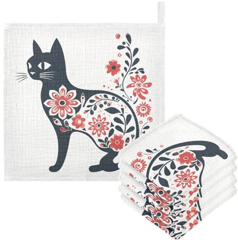 Bolaz Washcloths Set Bathroom Kitchen Wash Cloths Face Towels Wipes Floral Cat Decorative 12x12 Inch 5 Pack