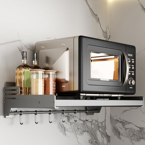 XGMZTN Soporte Microondas Pared, Estanteria Microondas Cocina, Estante para Microondas Acero, con 6 Ganchos, Gris