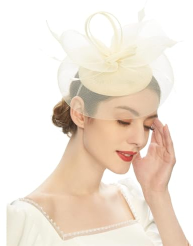 HIQIU Fascinators Hut für Damen Blume Mesh Federn Tüll Bräute Kopfschmuck Haarschmuck mit Stirnband und Clip für Cocktail Tea Party Hochzeit Kirche (DE/NL/SE/PL, Alphanumerisch, Einheitsgröße, Beige)