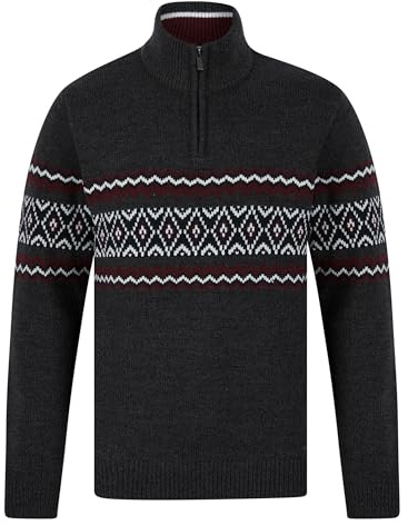 Tokyo Laundry Men's Quarter Zip Nordic Fair Isle Knit Funnel Neck Jumper Charcoal