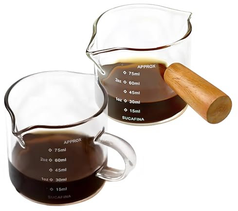 KUAOOAUK 2 Pcs Espresso Cups with Handle, 2.5 oz Double Spout Mini Glass Measuring Cup, Clear Scale Espresso Accessories with V-Shaped Mouth for Coffee Milk Liquid