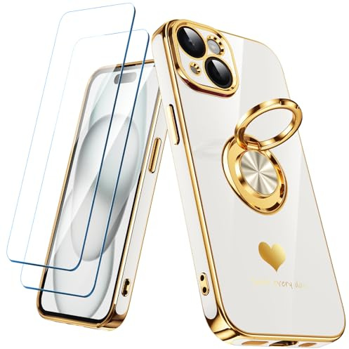 Nonional Compatible for iPhone 15 Case with 2 Pack Screen Protector, 360° Rotatable Ring Holder [Luxury Hearts Pattern] Plating Gold Edge Slim Soft Phone Cover Case for iPhone 15 - White