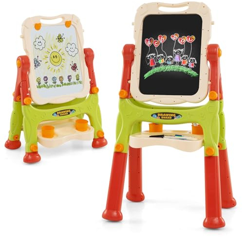 COSTWAY Tableau Enfant Double Face avec 2 Hauteur Réglable, Chevalet Enfant sur Pieds avec Plateau de Rangement & 2 Pots, Tableau Pivotant à 360° pour Tout-Petits de 3 Ans+ (Orange)