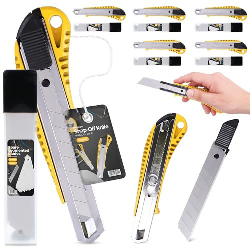 5x Taglierino Cutter Professionale 18 mm Taglierina per Moquette Pacchi Cartone Cutter Lama A Coltello In Metallo Pellicole Universale Tagli Precisione Autobloccante Con 55x Lama