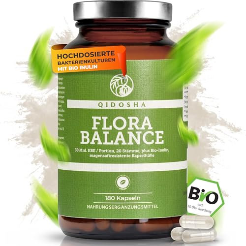 QIDOSHA® Premium Bakterien-Kulturen-Komplex in Bio-Qualität, 180 magensaftresistente Kapseln, 20 Bakterienstämme plus Inulin, hochdosierte 30 Mrd KBE/Tagesdosis, deutsche Fertigung, vegan