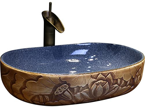 DDKYHU Lavabo de Salle de Bain en céramique Moderne et Artistique, Vasque Ovale à Poser, Meuble de lavabo de Cuisine, 58 x 42 x 14 cm (Ensemble de Vasque Verte A)