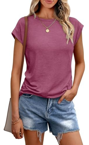 Cuptacc T-shirt damer, toppar sommar, rund hals, överdelar damer, elegant basblusa, kortärmad tank top, business outfit, Hibiskus, L